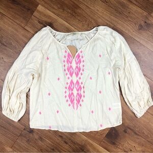 Kori America Tan Beige Blouse Pink Embroidery
